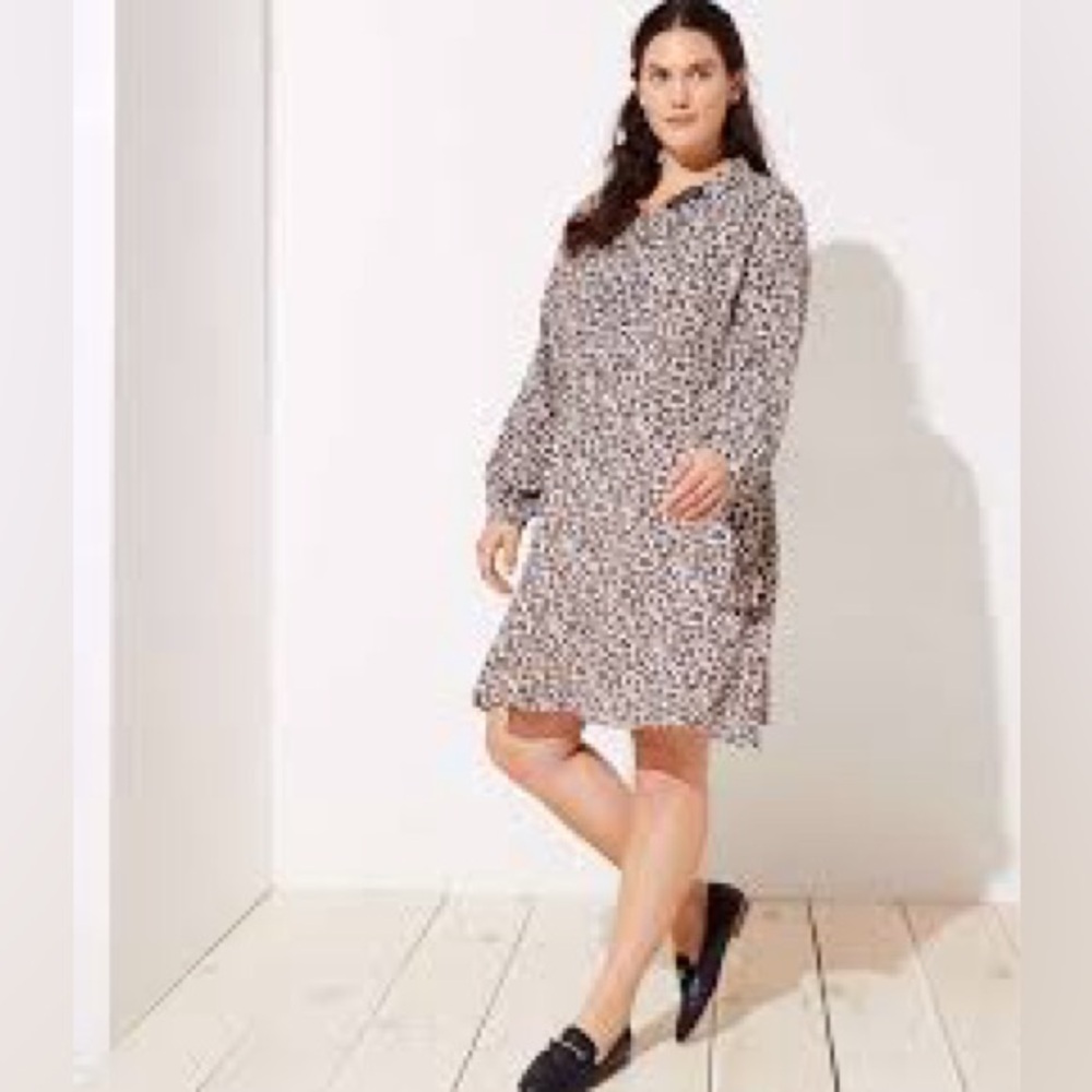 LOFT Beige and Black Leopard-Print Long-Sleeve Shift Dress